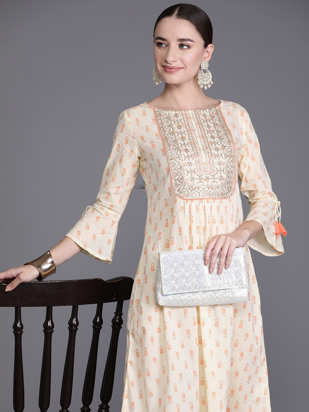 

Indo Era Ethnic Motifs Embroidered Bell Sleeve A-Line Midi Dress, Off white