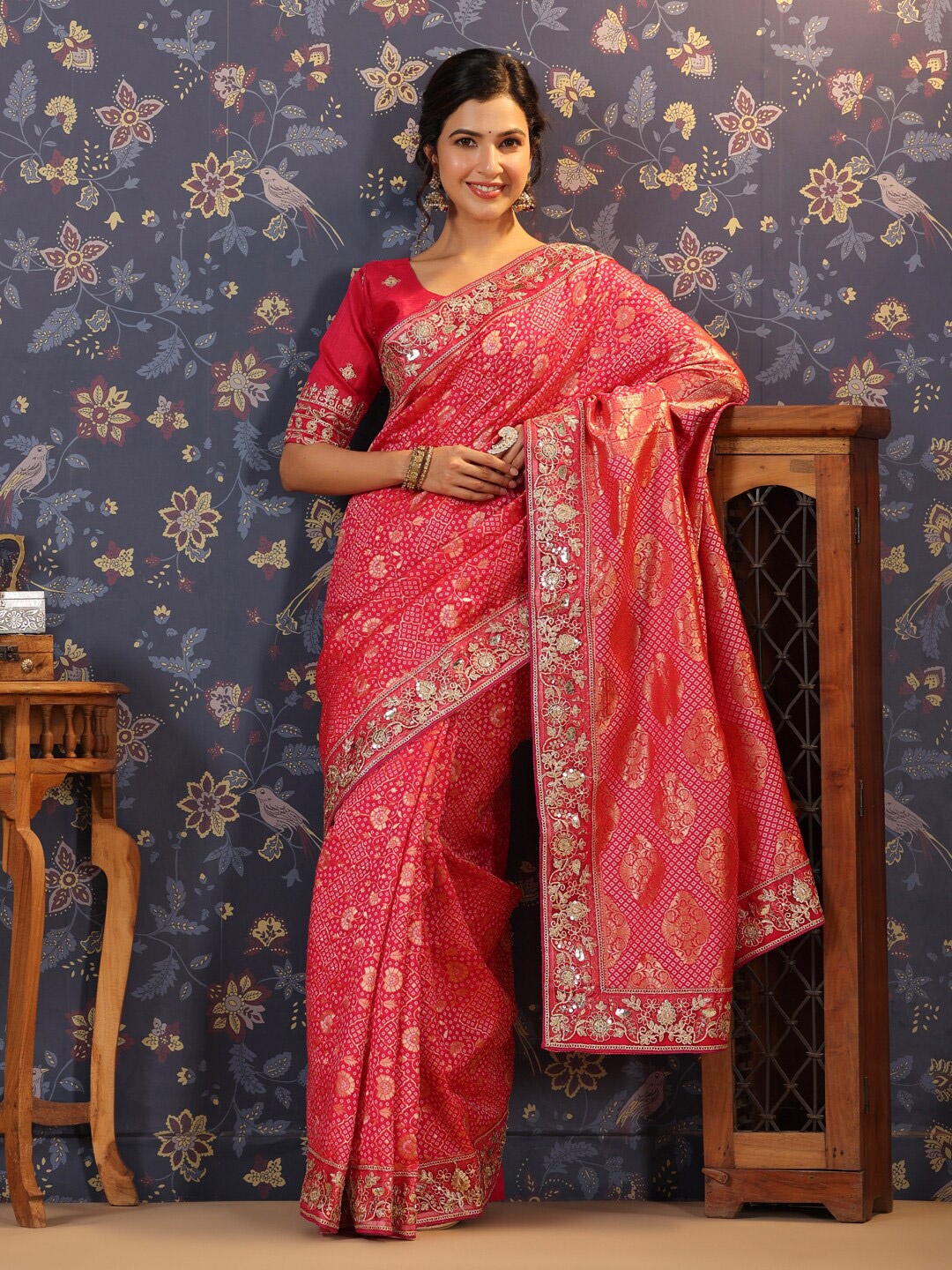 

House of Pataudi Floral Woven Design Zardozi Silk Blend Heavy Work Saree, Pink