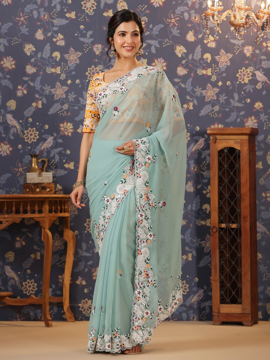 

House of Pataudi Floral Embroidered Designer Sarees, Turquoise blue
