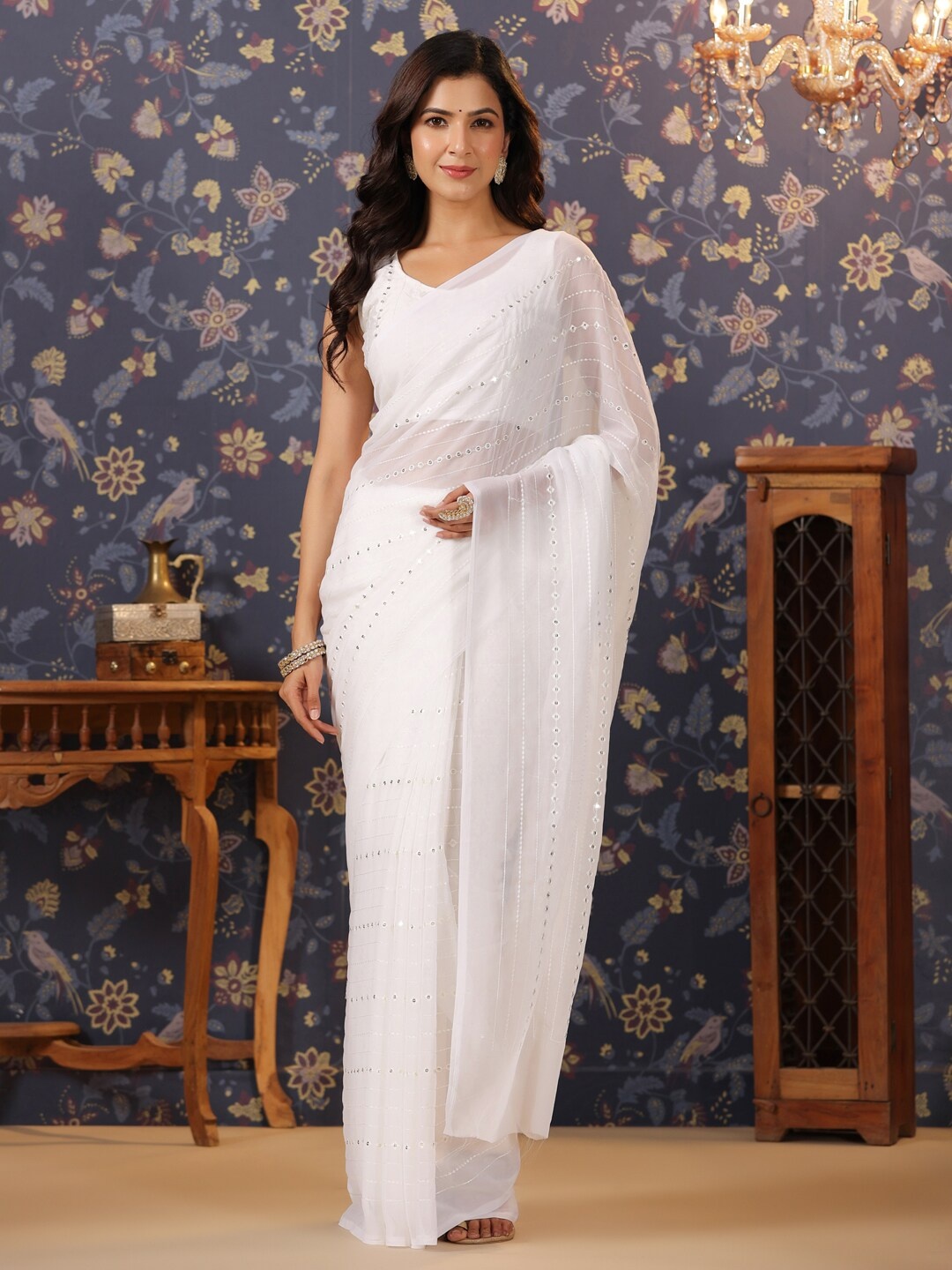 

House of Pataudi Embellished Sequined Saree, White