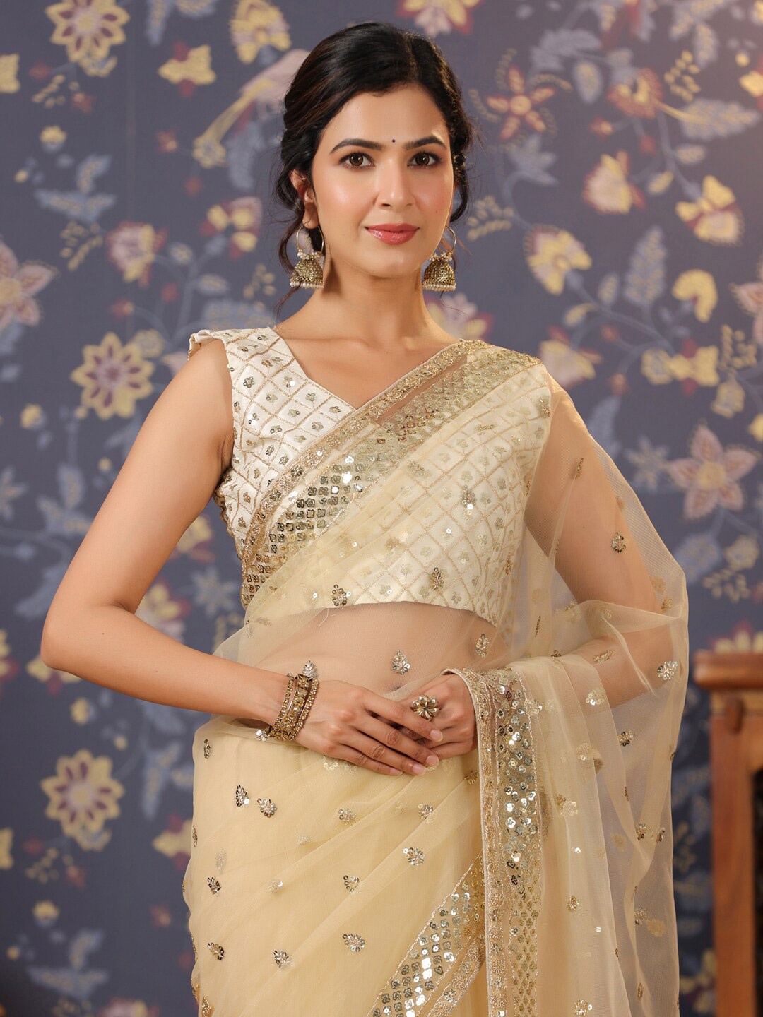 

House of Pataudi Embellished Net Sarees, Cream