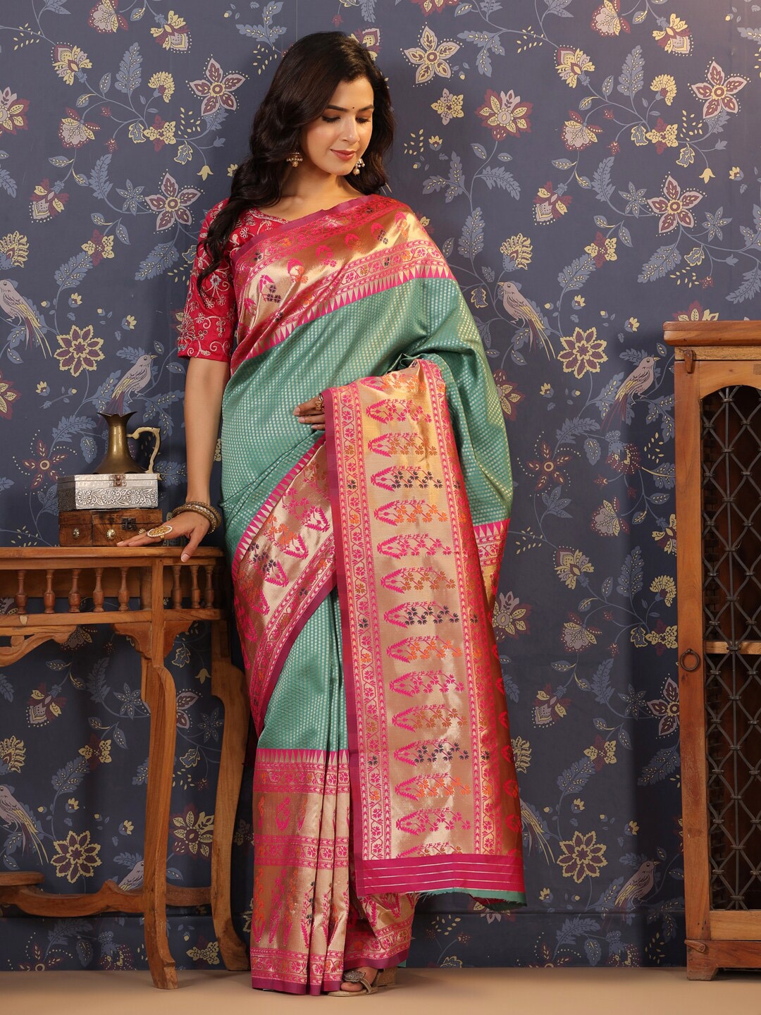 

House of Pataudi Ethnic Motifs Woven Design Saree, Blue