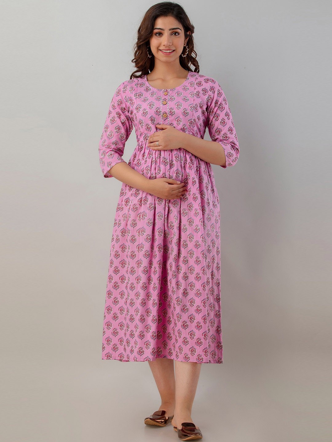 

CELEBRAVO Ethnic Motifs Printed Pure Cotton Maternity A-Line Ethnic Dress, Pink