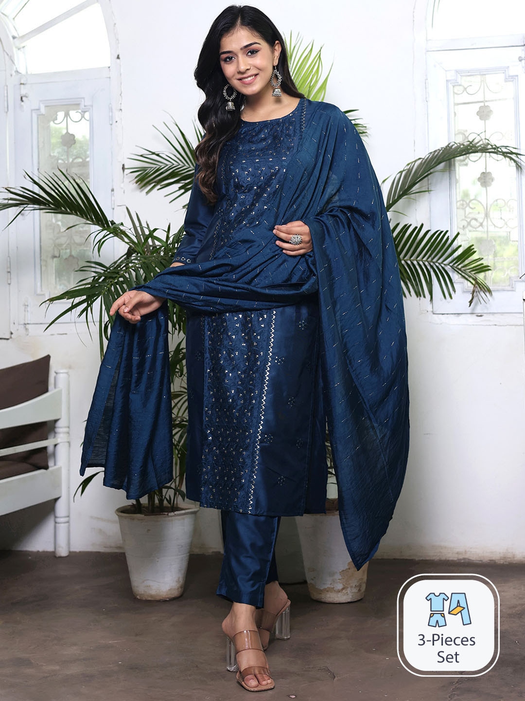 

misbis Floral Embroidered Thread Work Kurta With Trousers & Dupatta, Blue