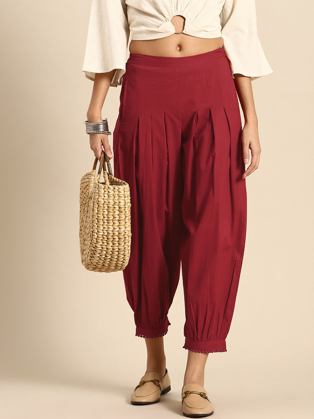 

Sangria Women Solid Cotton Harem Pants, Red