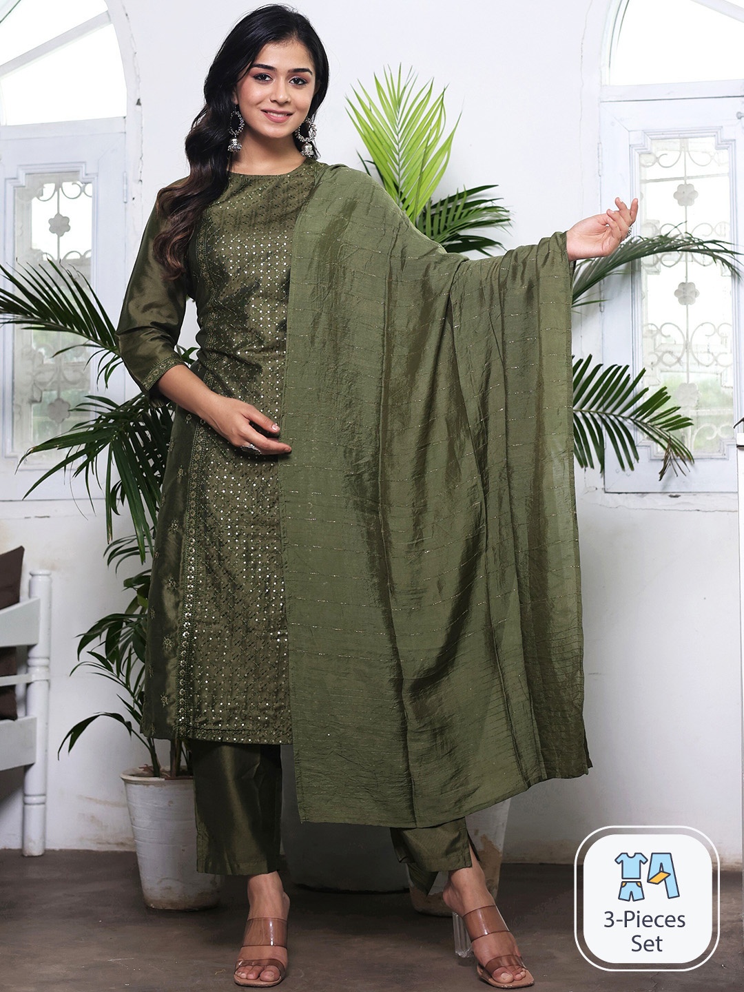 

misbis Ethnic Motifs Embroidered Sequinned Kurta with Trousers & Dupatta, Green