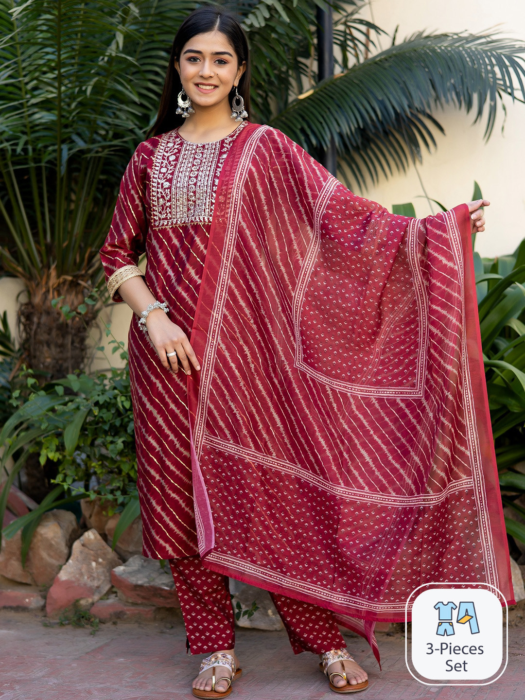 

misbis Leheriya Printed Organic Cotton Thread Work Kurta With Trousers & Dupatta, Maroon