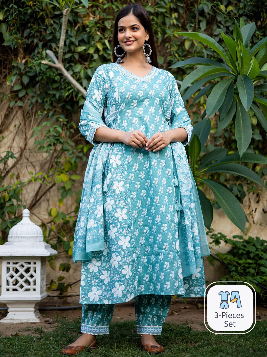 

misbis Floral Printed Pure Cotton Angrakha Kurta With Pyjamas & Dupatta, Blue