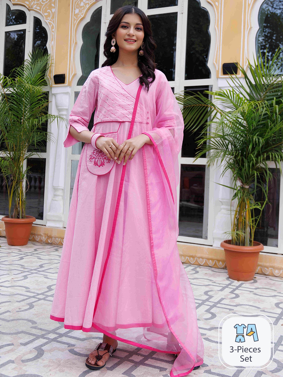

Ragavi Striped Yoke Design Sequinned Pure Cotton Anarakali Kurta With Trousers & Dupatta, Pink
