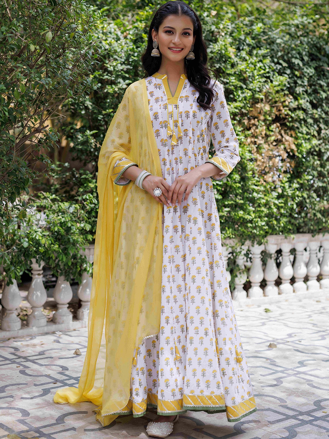 

Ragavi Ethnic Motifs Printed Pure Cotton Maxi Ethnic Dress With Dupatta, White