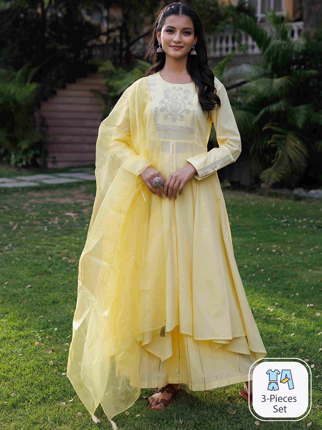 

Ragavi Ethnic Motifs Yoke Design Pure Cotton A Line Kurta With Palazzos & Dupatta, Yellow