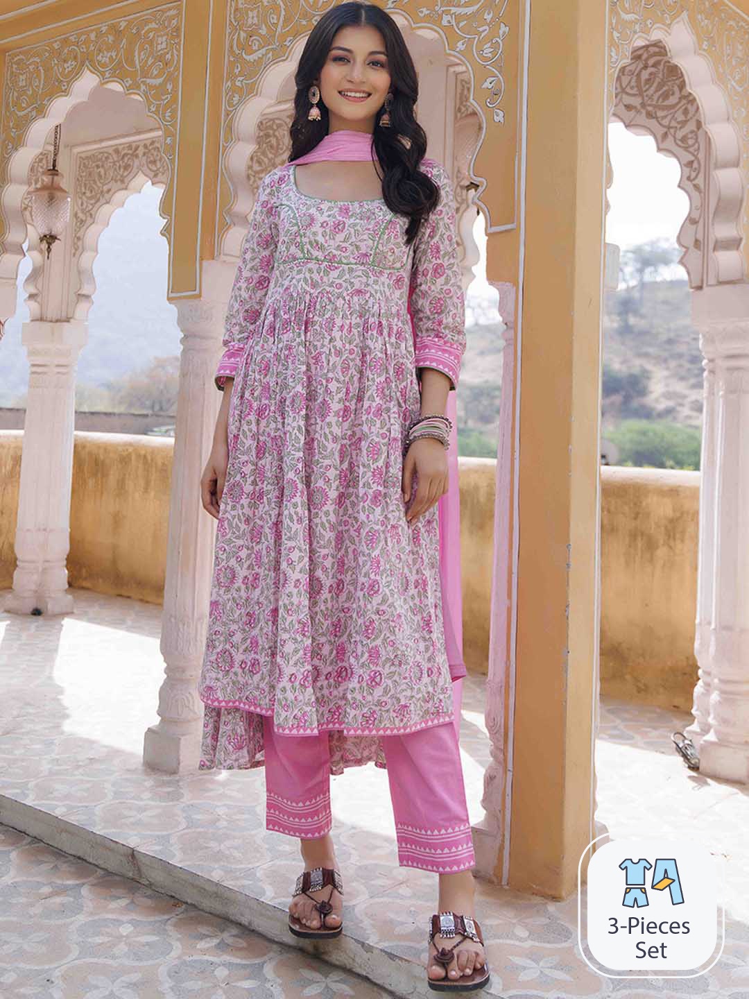 

Ragavi Floral Printed Scoop Neck Pure Cotton Anarkali Kurta & Trousers With Dupatta, Pink