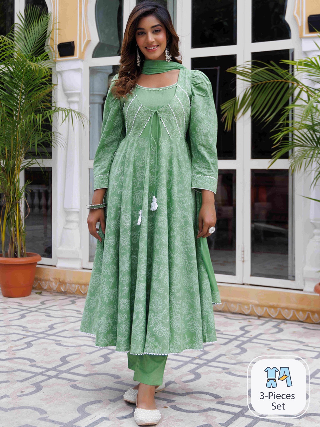 

Ragavi Floral Printed Anarkali Pure Cotton Kurta With Trousers & Dupatta, Green