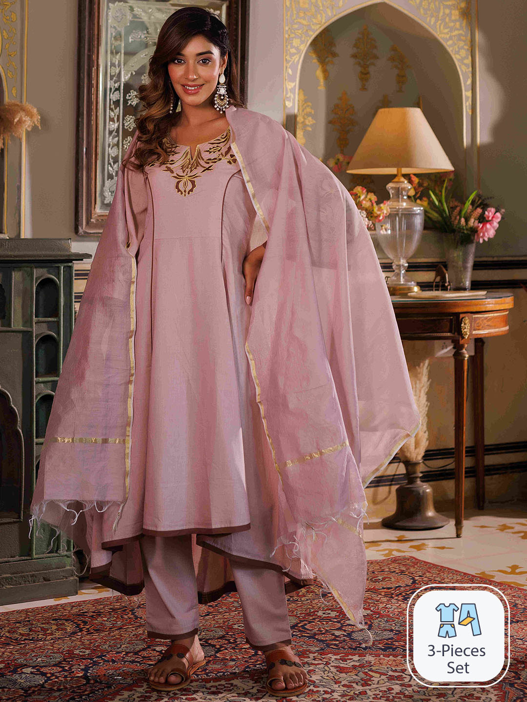 

Ragavi Floral Yoke Design Thread Work Pure Cotton Kurta & Trousers With Dupatta, Rose