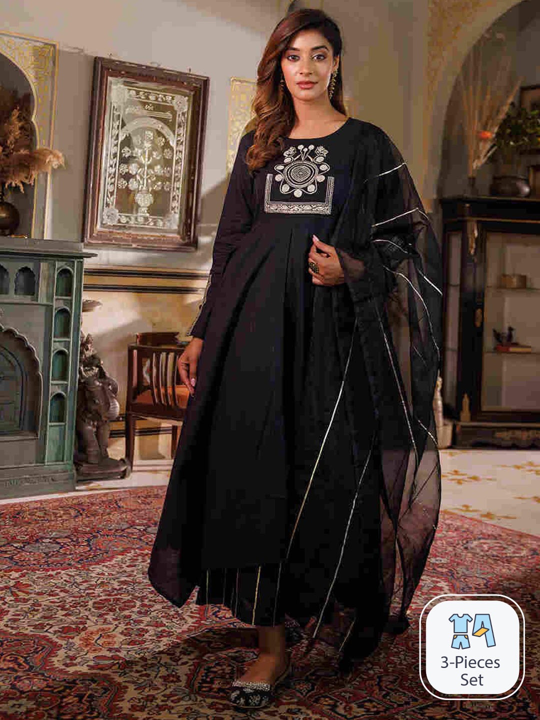 

Ragavi Ethnic Motifs Yoke Design Regular Pure Cotton Kurta With Trousers & Dupatta, Black