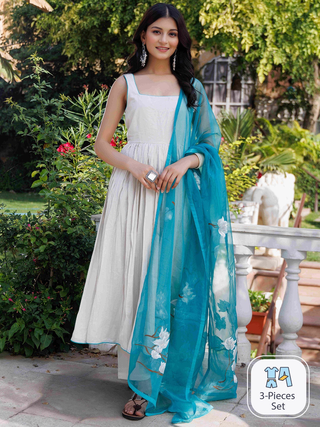 

Ragavi Pure Cotton Anarkali Kurta With Trousers & Dupatta, White