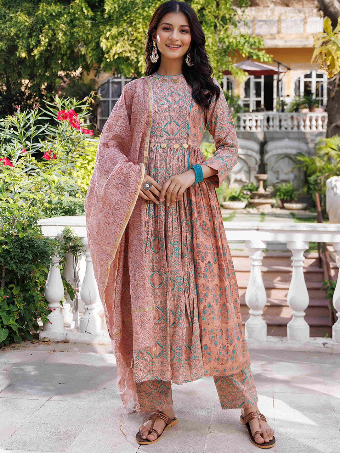 

Ragavi Ethnic Motifs Printed Pure Cotton Anarkali Kurta With Trousers & Dupatta, Peach