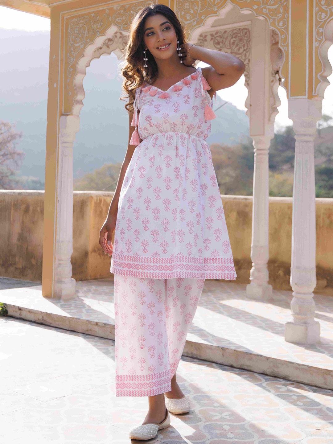 

Ragavi Ethnic Motifs Printed Shoulder Straps Pure Cotton A-Line Kurta with Trousers, Pink