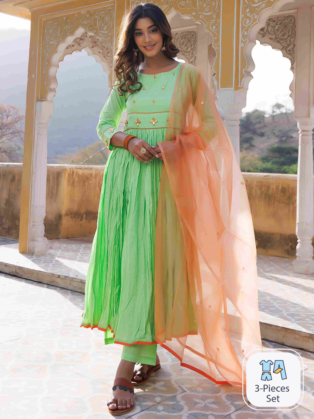 

Ragavi Ethnic Motifs Yoke Design Gotta Patti Pure Cotton Kurta With Trousers & Dupatta, Green