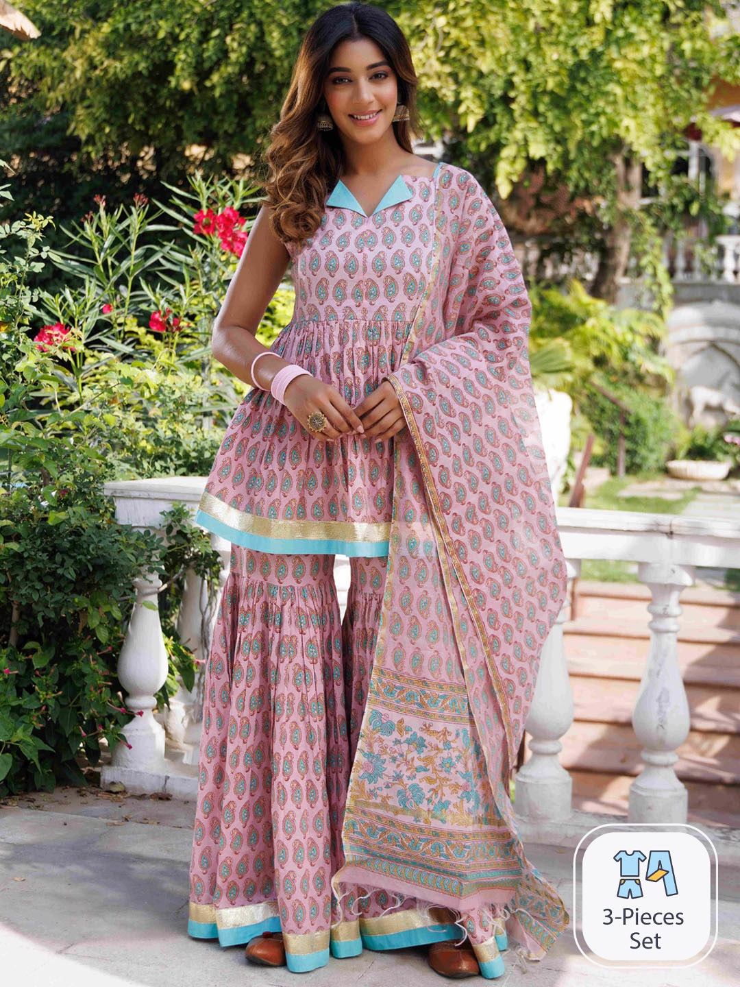 

Ragavi Paisley Printed Pleated Pure Cotton A-Line Kurta & Sharara With Dupatta, Mauve