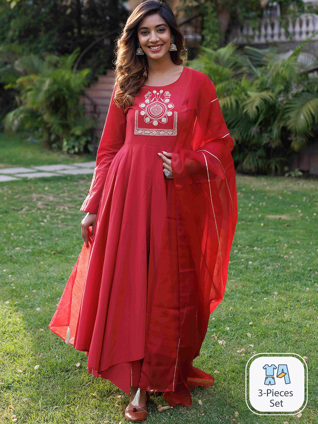 

Ragavi Yoke Design Thread Work Pure Cotton Kurta & Palazzos With Dupatta, Red