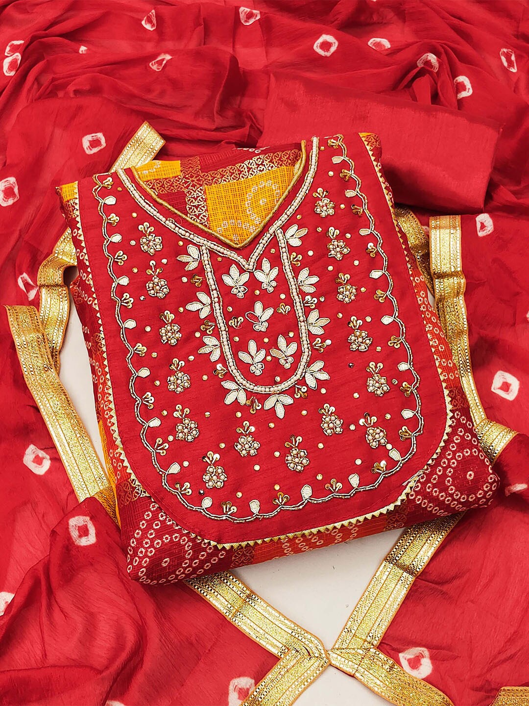 

KARAGIRI Bandhani Printed Beads and Stones Unstitched Dress Material, Red