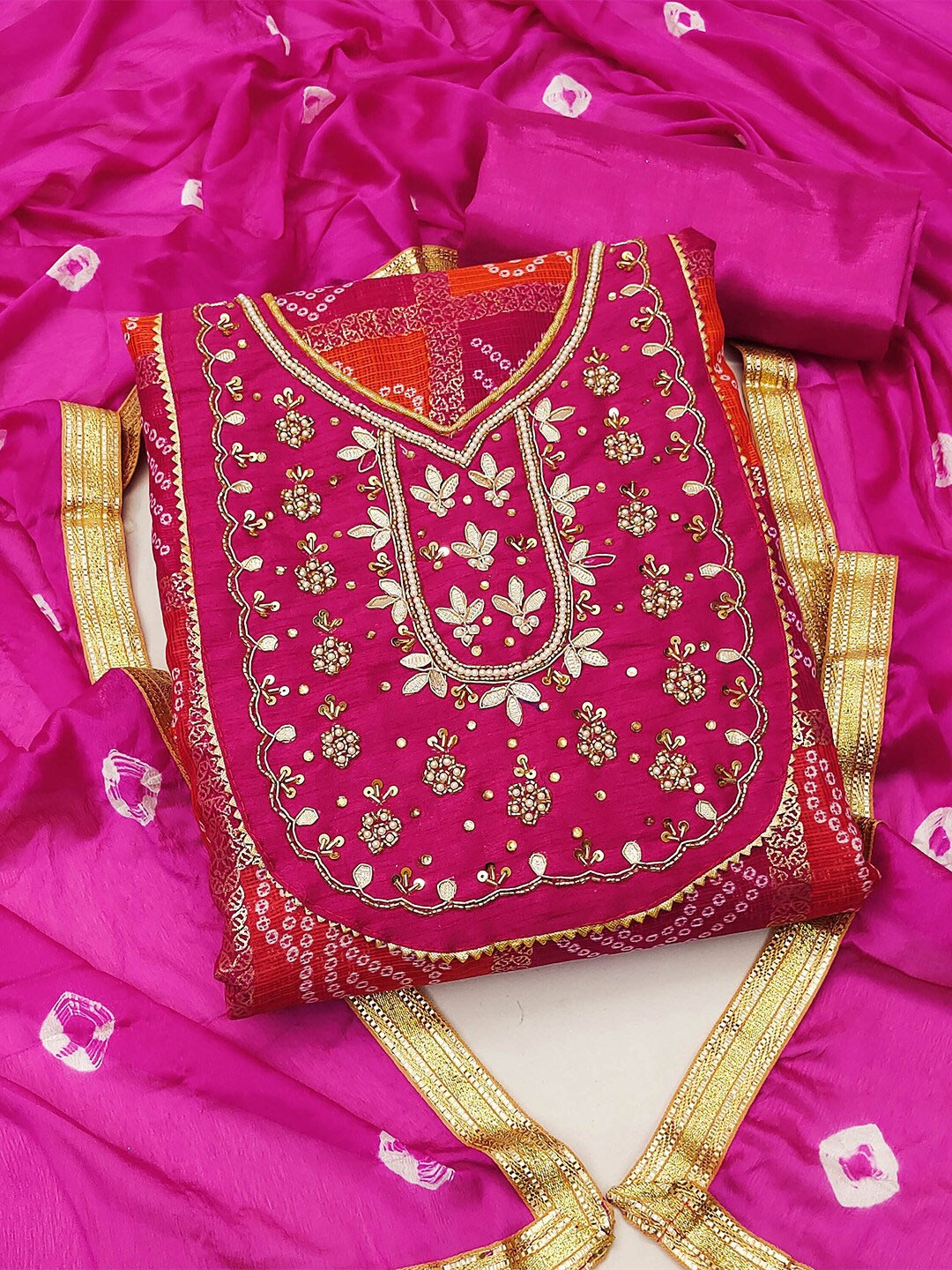 

KARAGIRI Bandhani Printed Unstitched Dress Material, Pink