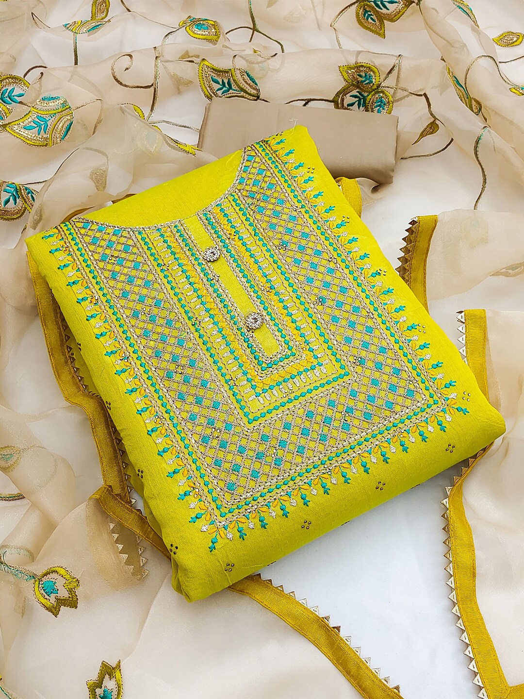 

KARAGIRI Ethnic Motifs Embellished Zari Unstitched Dress Material, Lime green