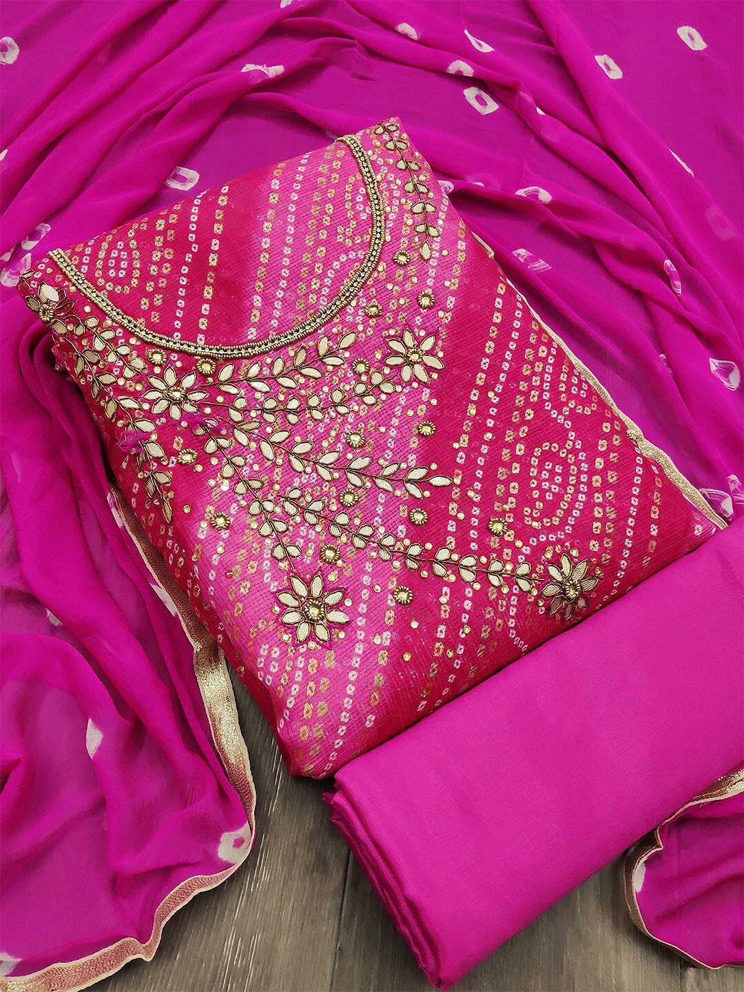 

KARAGIRI Bandhani Printed Mirror Work Unstitched Dress Material, Pink