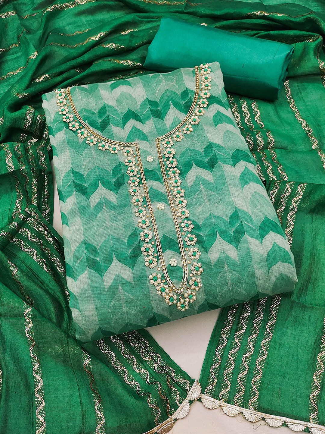 

KARAGIRI Ethnic Motifs Printed Beads & Stones Unstitched Dress Material, Green