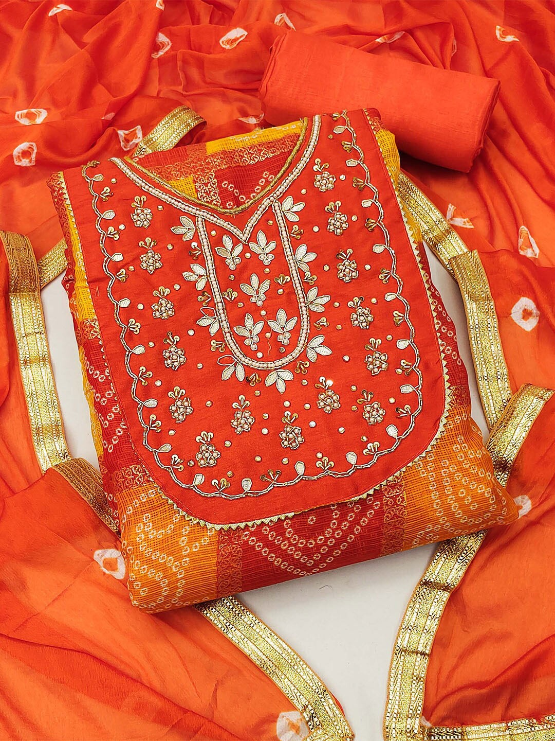 

KARAGIRI Ethnic Motifs Printed Unstitched Dress Material, Orange