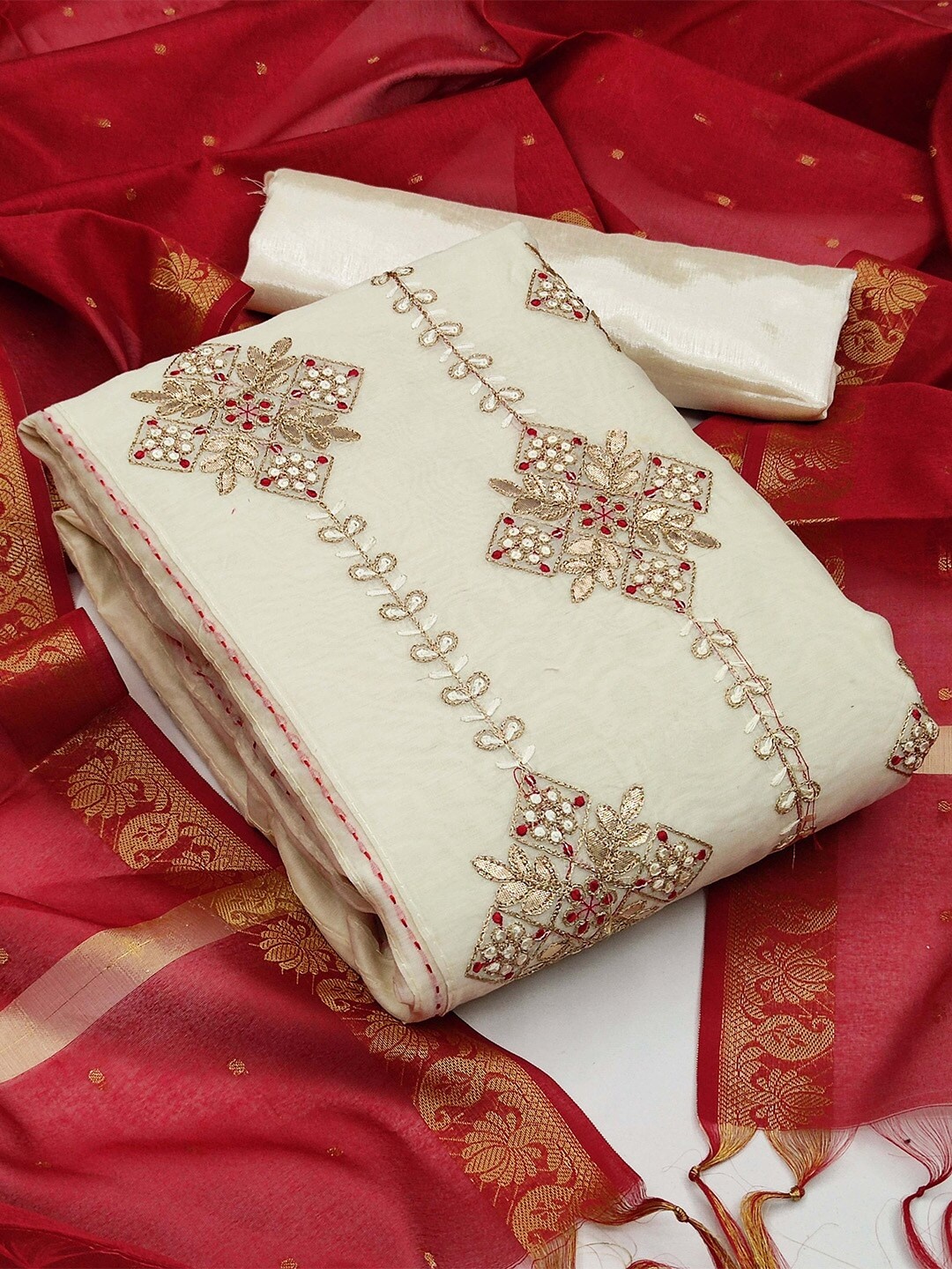 

KARAGIRI Floral Embroidered Unstitched Dress Material, Beige