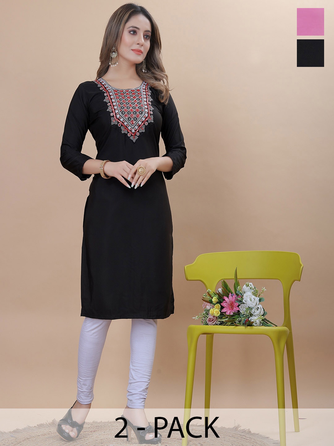 

KALINI Selection Of 2 Embroidered Crepe Kurta, Multi
