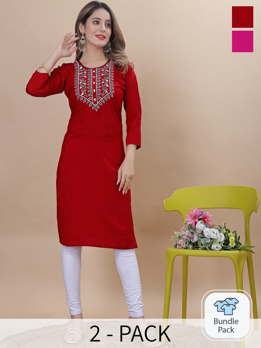 

KALINI Selection Of 2 Floral Yoke Design Thread Work Straight Kurta, Red