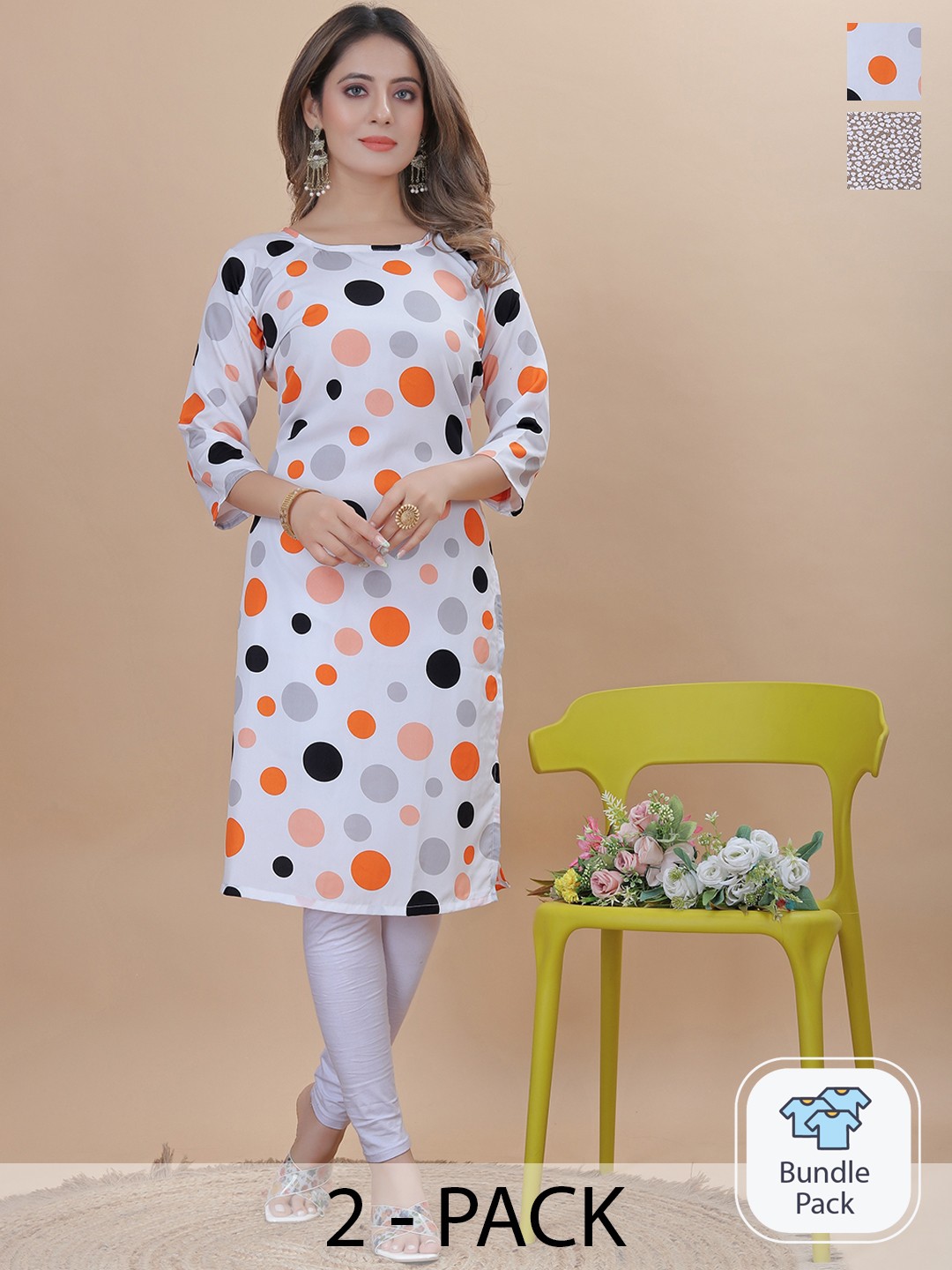 

KALINI Selection Of 2 Printed Crepe Kurta, White