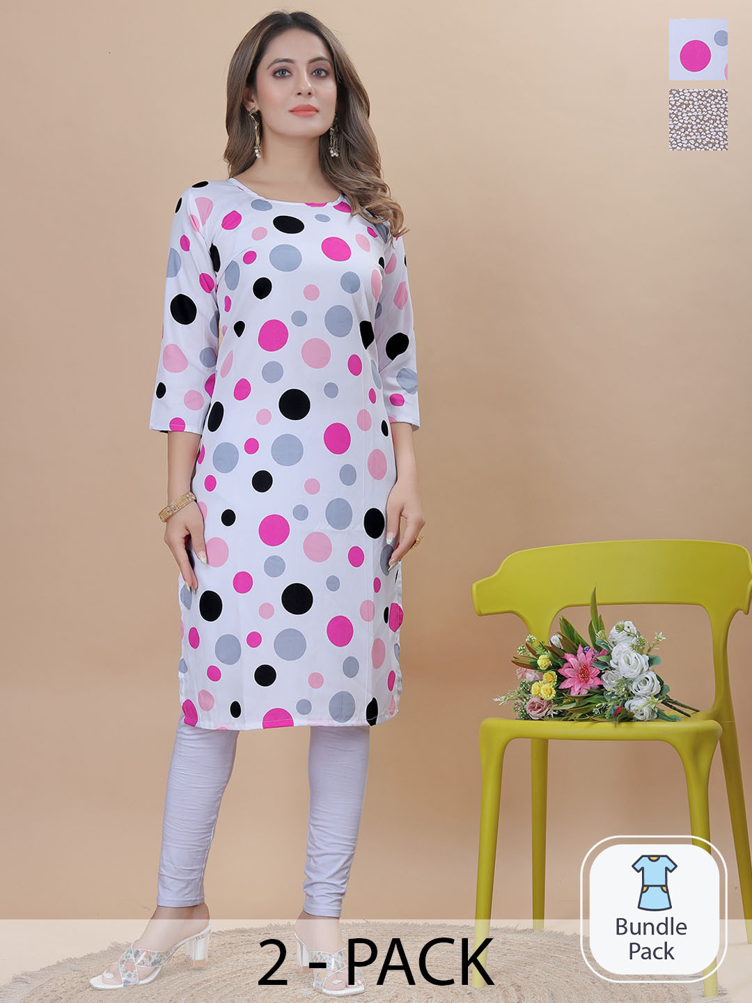 

KALINI Selection Of 2 Polka Dots Printed Kurta, White