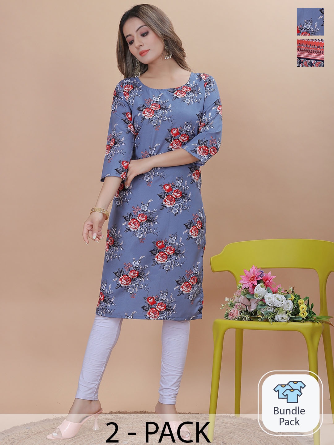 

KALINI Selection Of 2 Printed Crepe Kurta, Multi