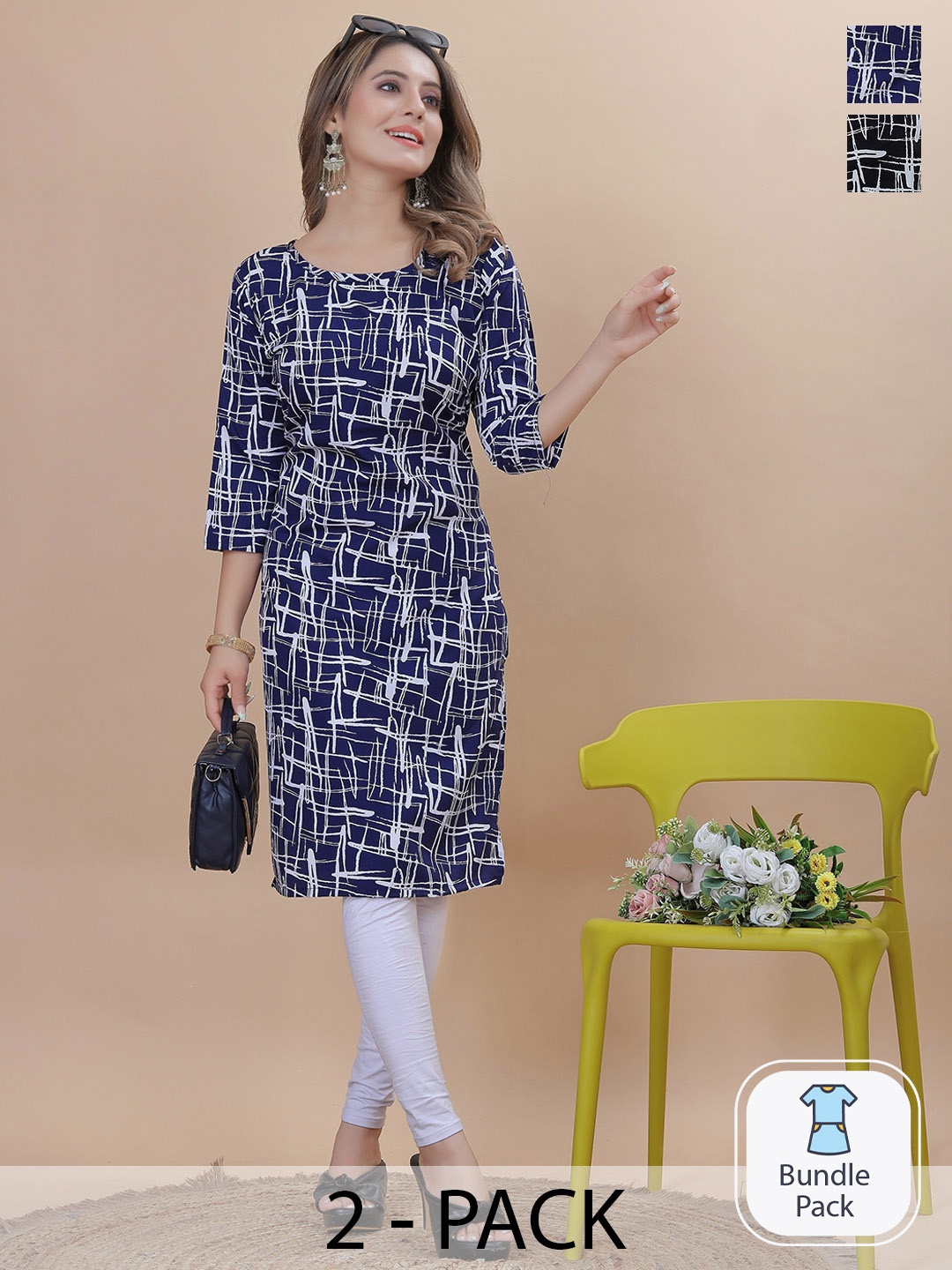 

KALINI Selection Of 2 Abstract Printed Straight Crepe Kurta, Navy blue