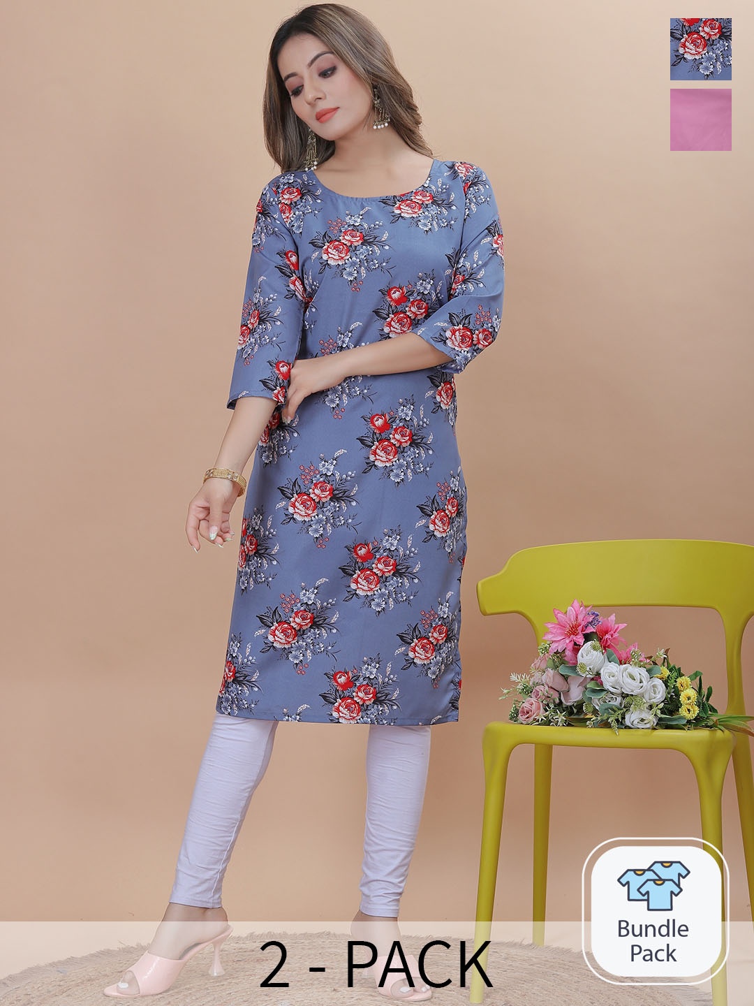 

KALINI Selection Of 2 Printed Crepe Kurta, Blue