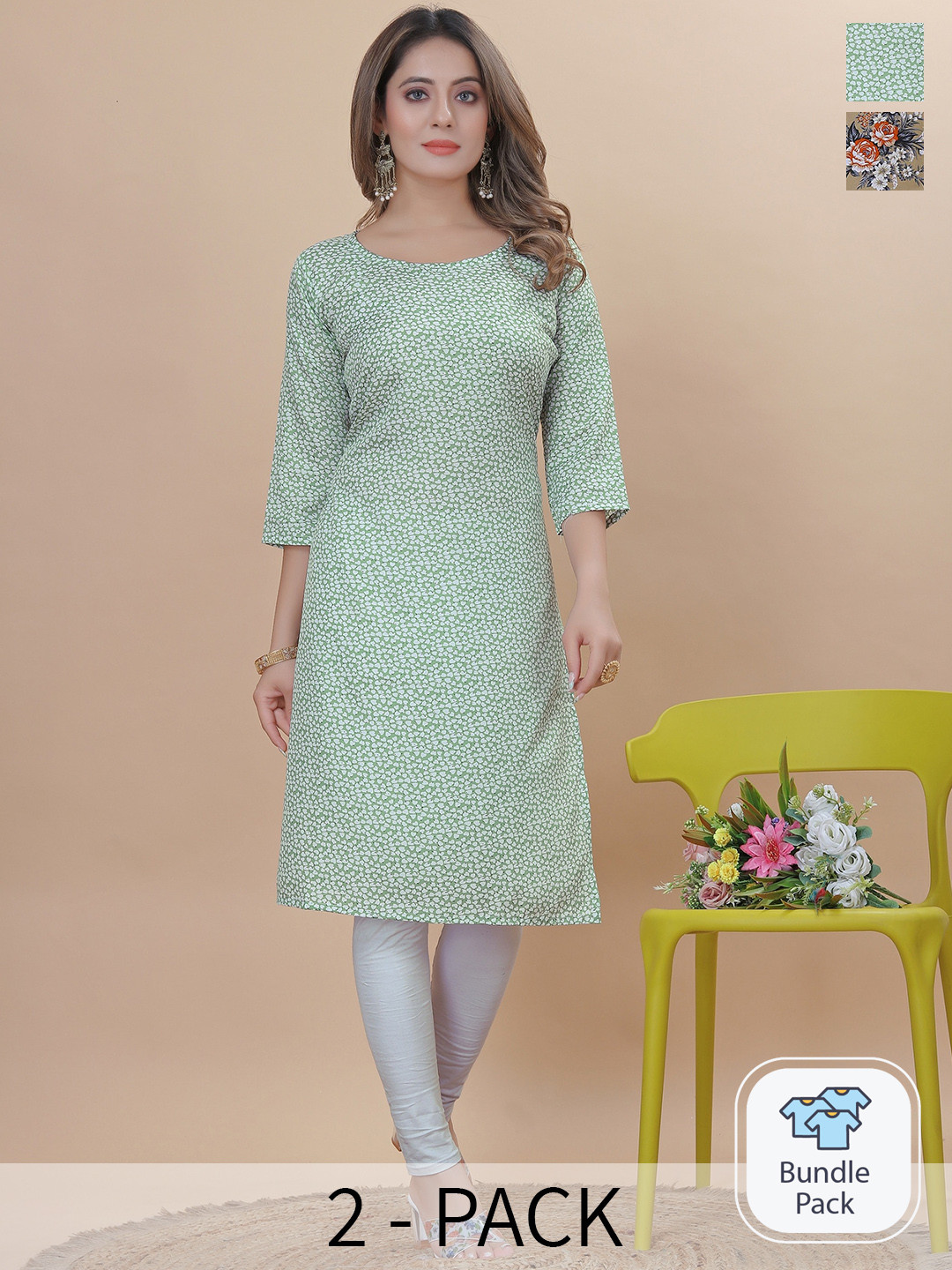 

KALINI Selection Of 2 Floral Printed Straight Kurta, Sea green