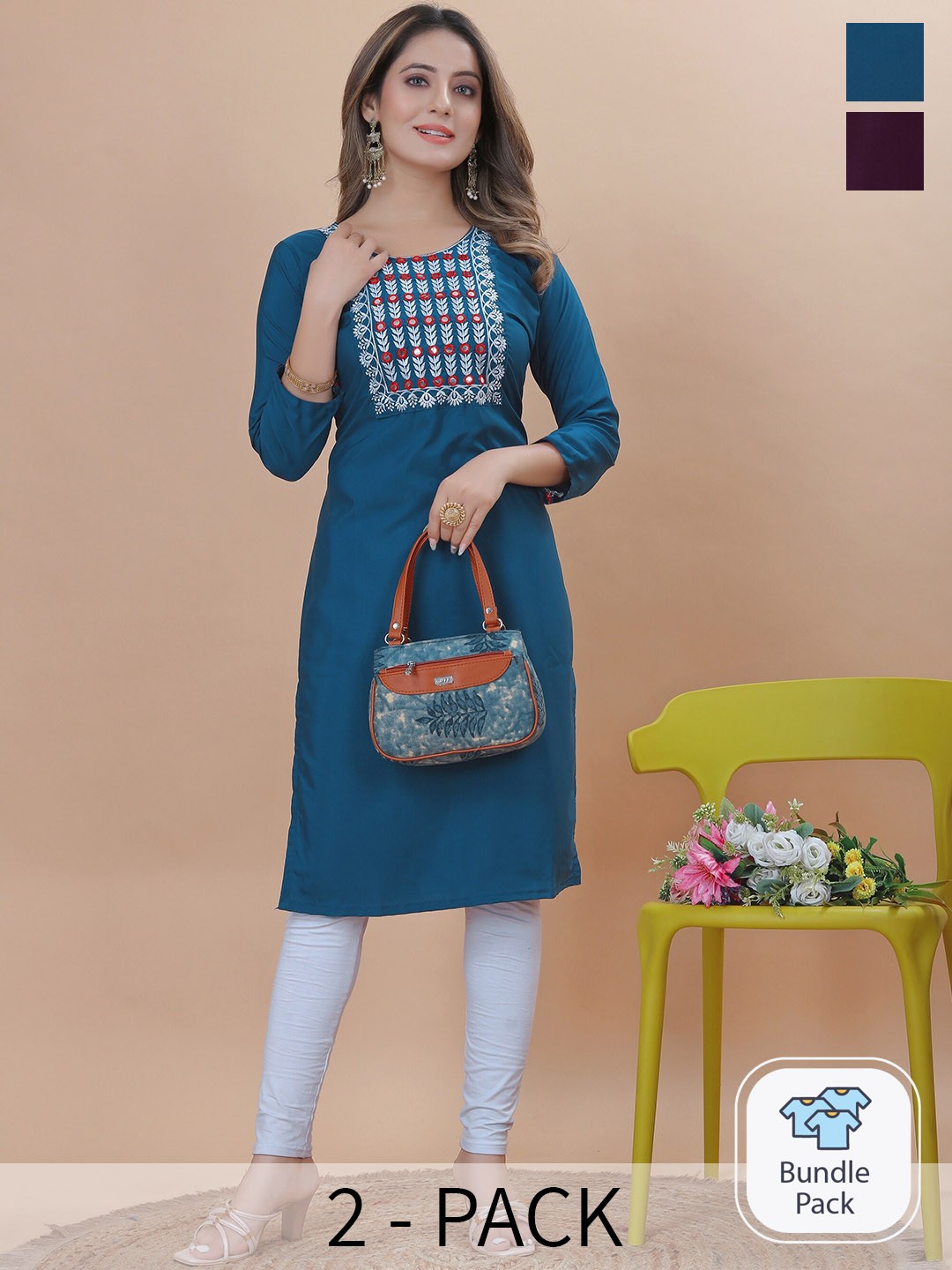 

KALINI Selection Of 2 Floral Embroidered Straight Crepe Kurta, Blue