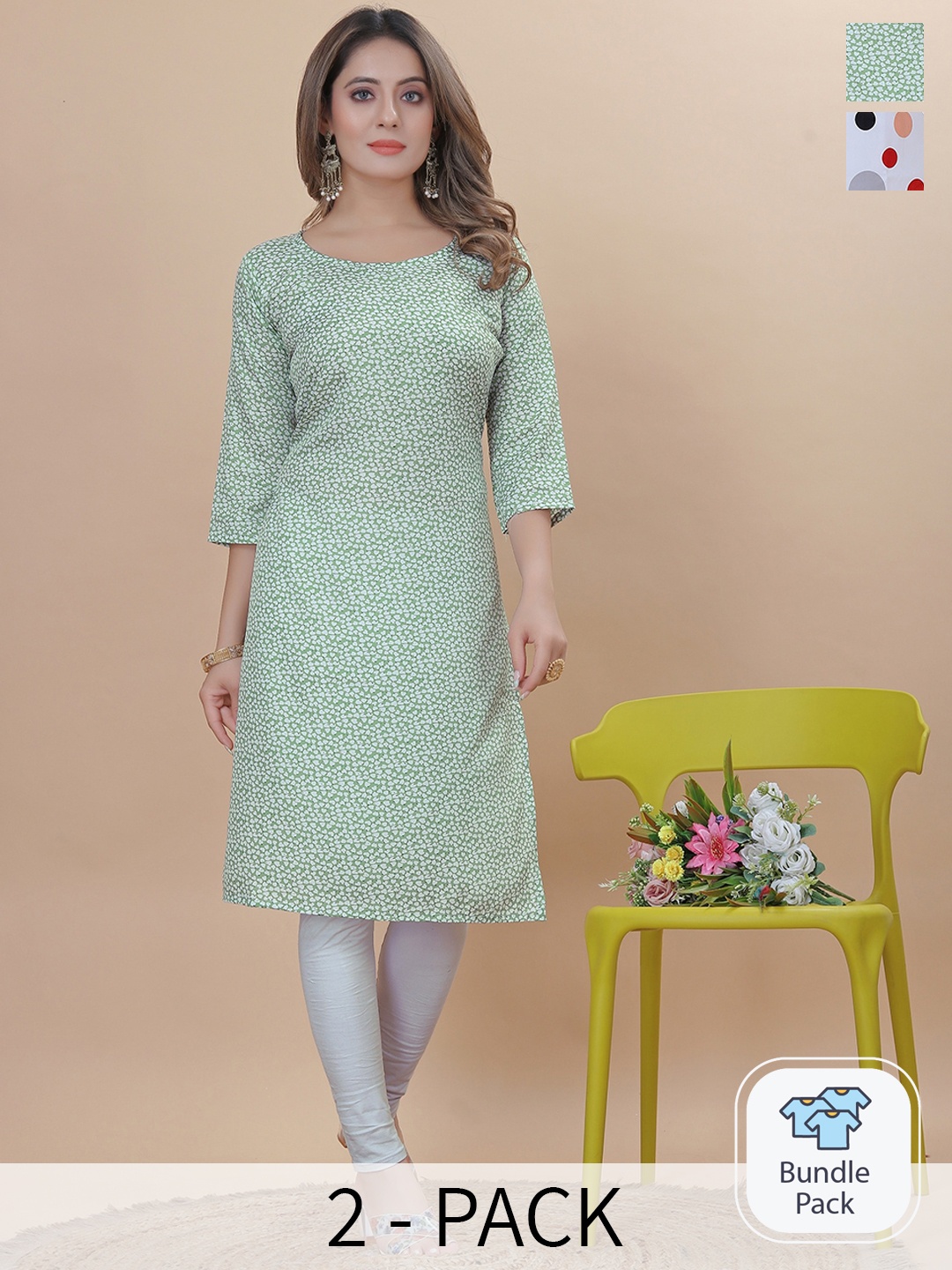

KALINI Selection Of 2 Geometric Printed Straight Kurta, Sea green