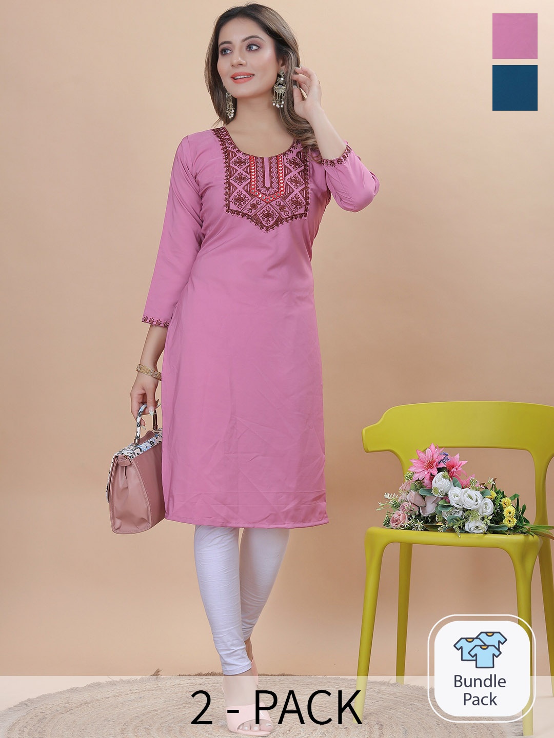 

KALINI Selection Of 2 Ethnic Motifs Embroidered Straight Crepe Kurta, Multi