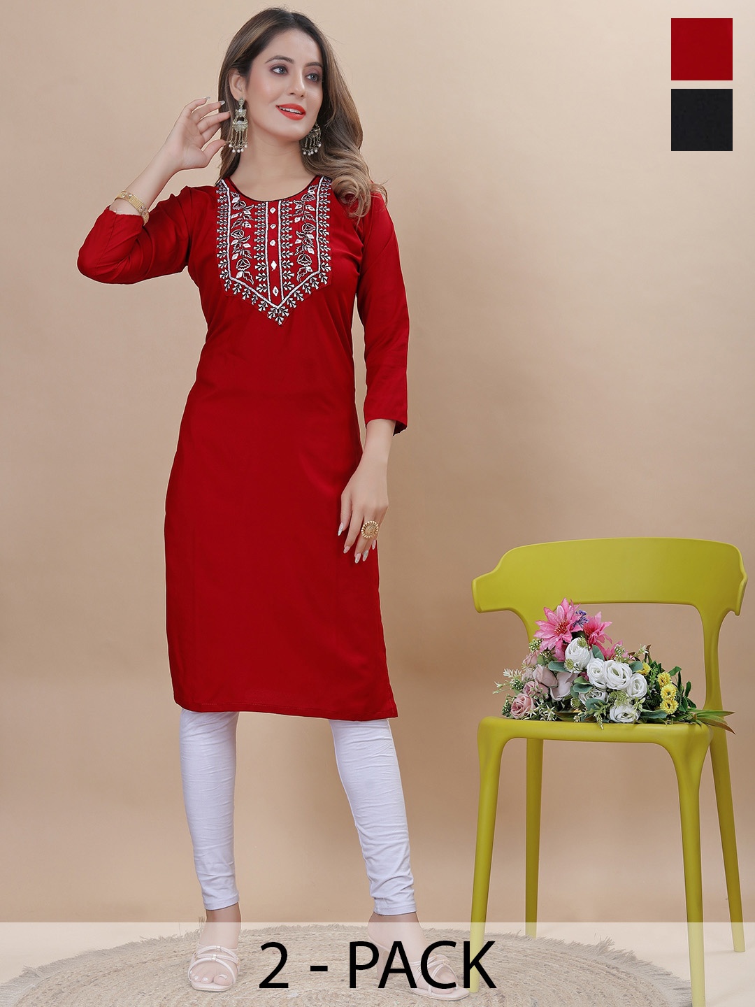 

KALINI Selection Of 2 Floral Yoke Design Thread Work Straight Kurta, Red