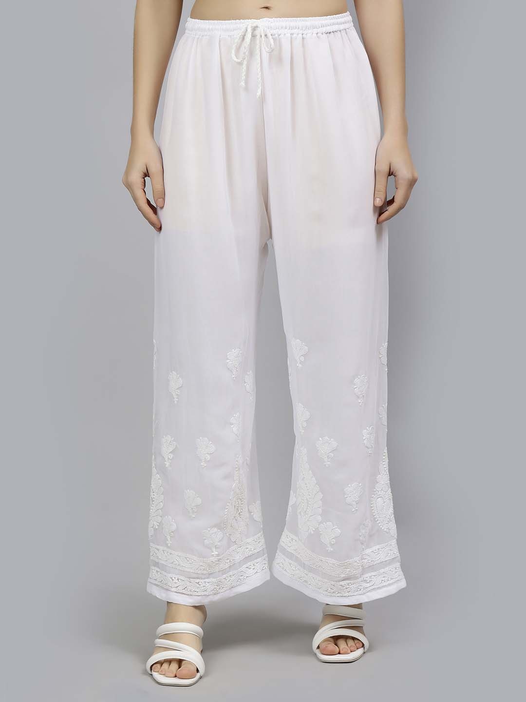 

Seva Chikan Women Chikankari Embroidered Flared Georgette Ethnic Palazzos, White