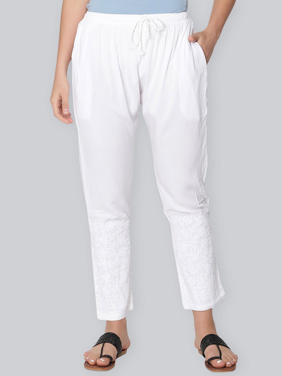 

Seva Chikan Women Chikankari Embroidered Trousers, White