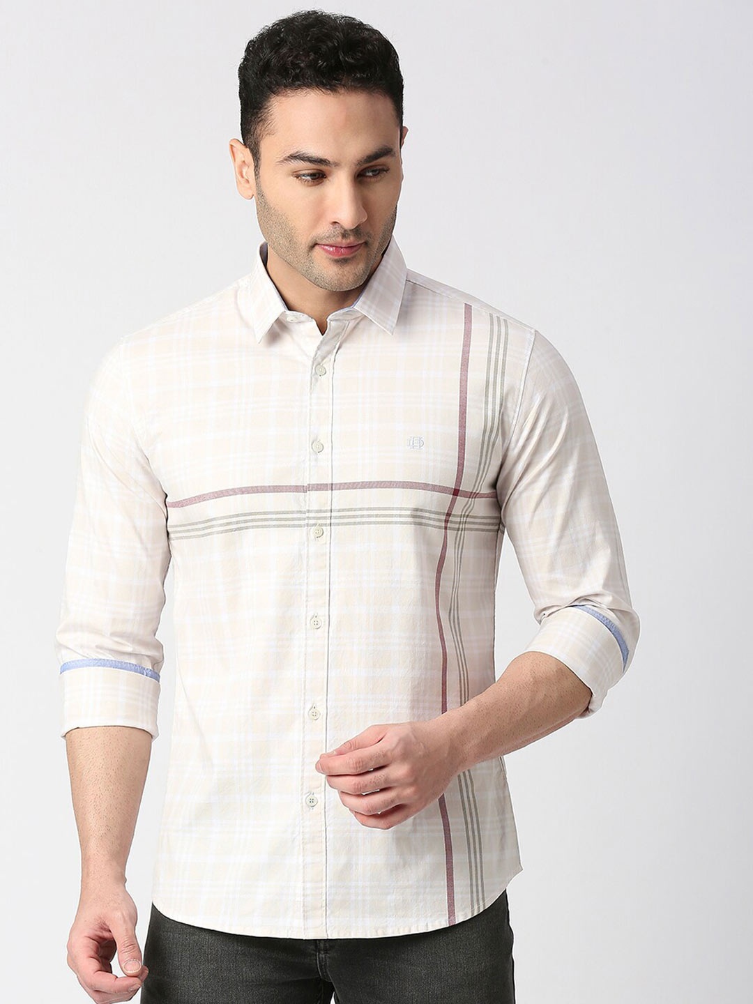 

DRAGON HILL Slim Fit Checked Oxford Cotton Casual Shirt, Peach