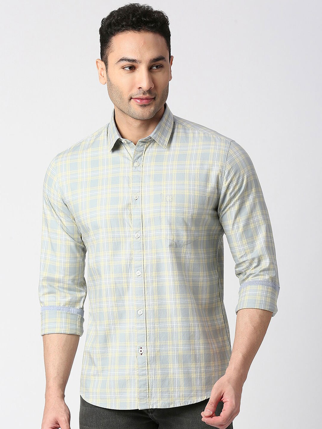 

DRAGON HILL Tartan Checked Spread Collar Cotton Casual Shirt, Grey