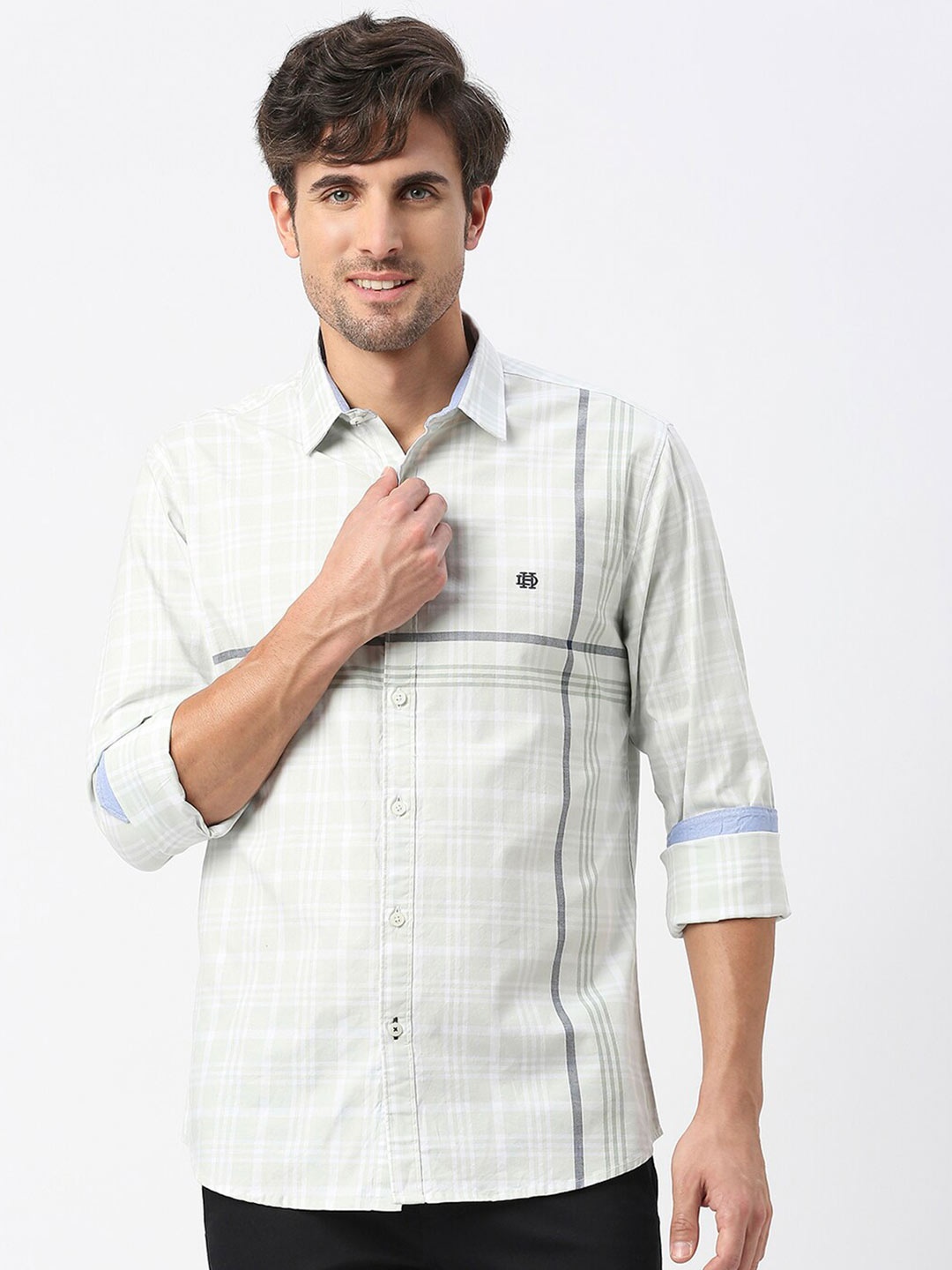 

DRAGON HILL Slim Fit Checked Spread Collar Cotton Casual Shirt, Green