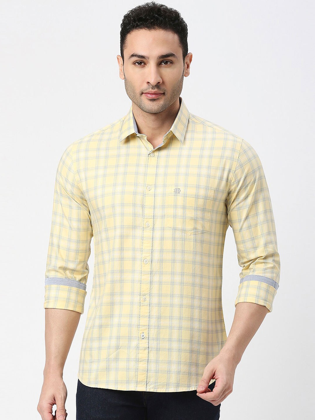 

DRAGON HILL Slim Fit Twill Checked Cotton Casual Shirt, Yellow